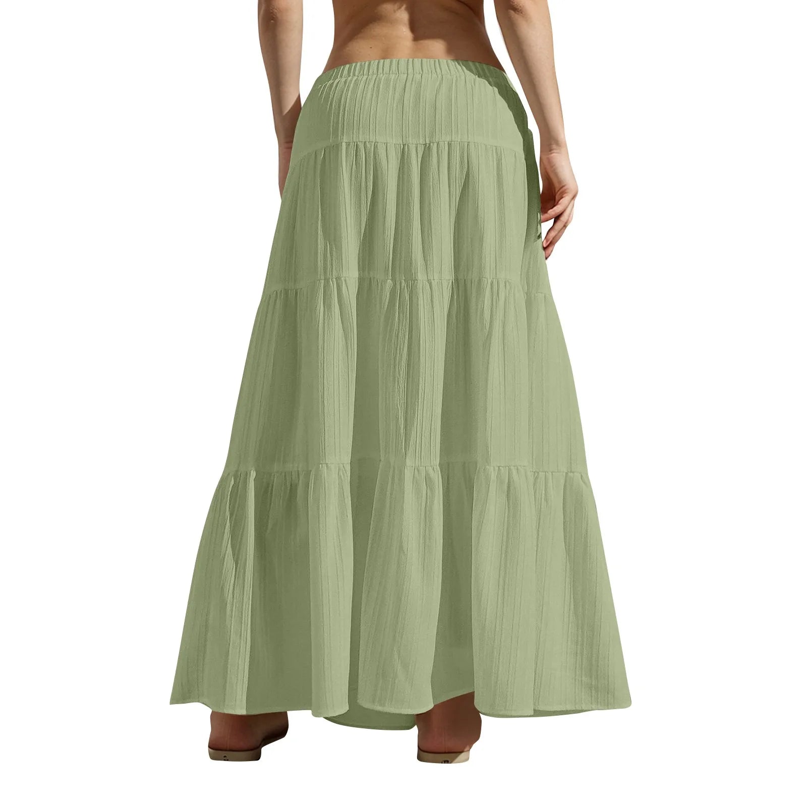 Women's Flared Ruffle Hem Maxi Skirt Fashion Women Solid Long Skirts Elastic Waist Elegant Long Skirt Spring Summer Cake Dress
