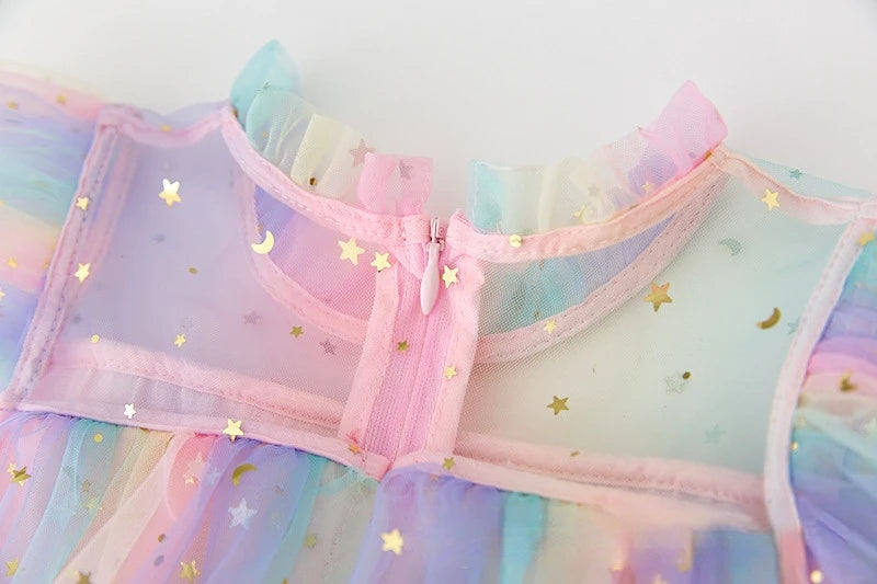 Girls Rainbow layered Dress Birthday Dress Teens Girl Clothes Summer Sequined Princess Mesh Tutu Dresses Kid Party Costume