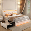 SIBEDS Queen Upholstered Platform Bed Frame with LED Lights and 2 Storage Drawers, Crystal Button Tufted Headboard, Height Adjustable Design, Side Pockets, Solid Slats Support, No Box Spring Needed