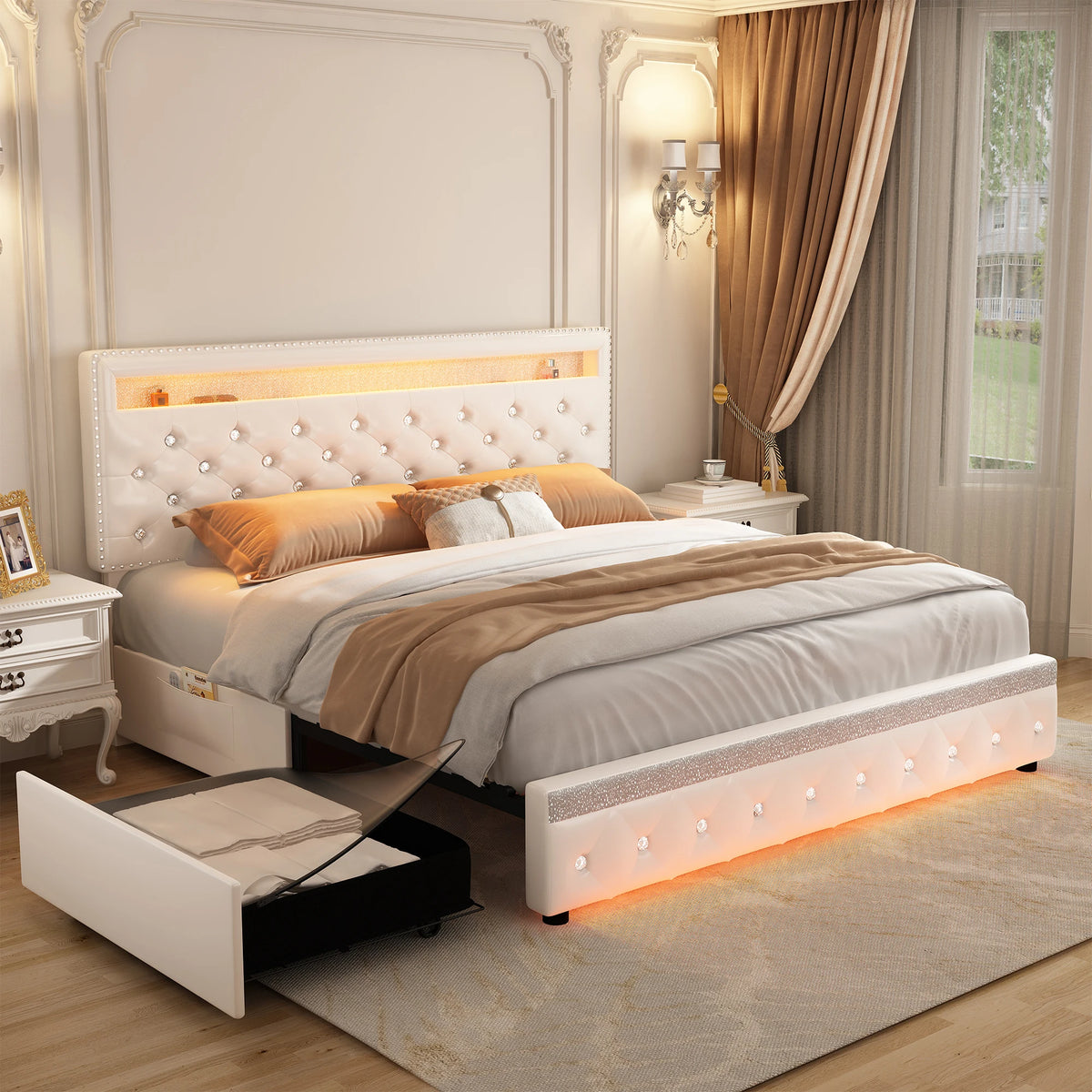 SIBEDS Queen Upholstered Platform Bed Frame with LED Lights and 2 Storage Drawers, Crystal Button Tufted Headboard, Height Adjustable Design, Side Pockets, Solid Slats Support, No Box Spring Needed