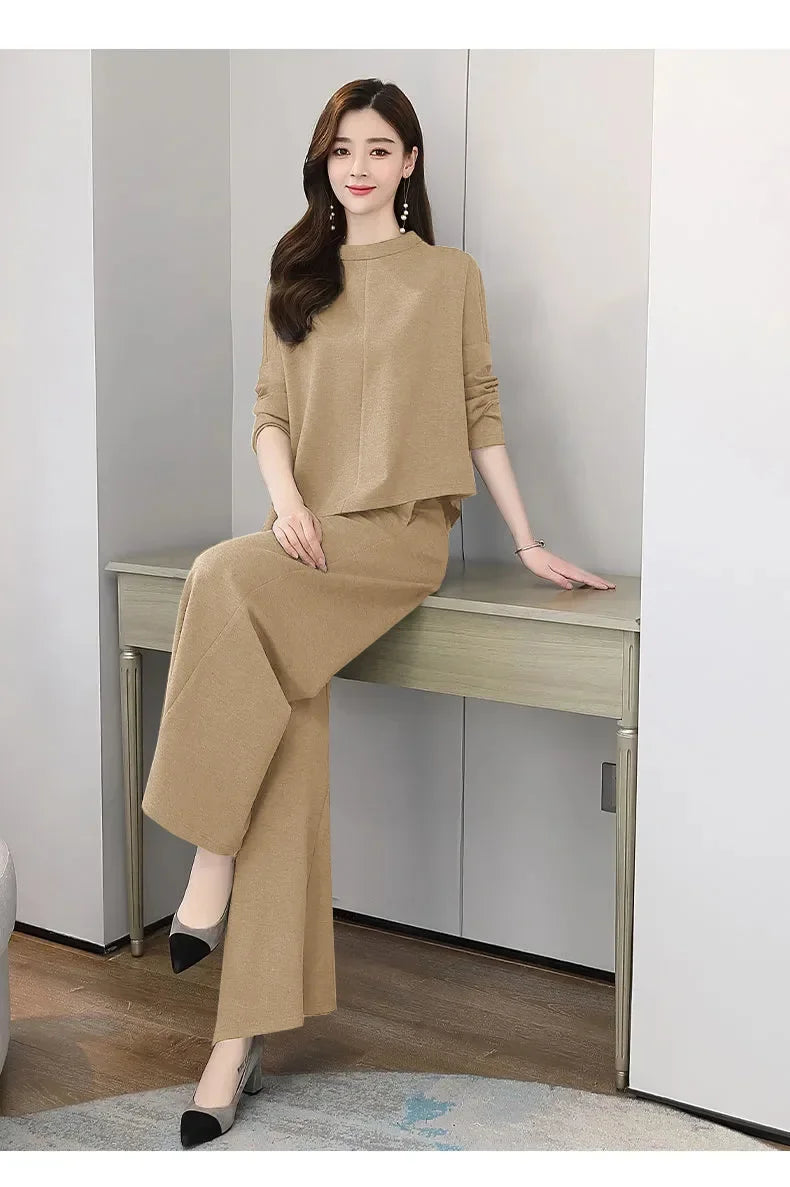 Spring Autumn Wide Leg Pants Set Women's Anti Aging Belly Cover Slimming Casual Elegant Skirt Pants Two Piece Set
