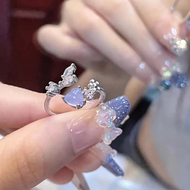 Fashion Blue Opal Heart Rings for Women Kpop Punk Gothic Open Flower Rhinestone Finger Rings Wedding Party Trendy  Jewelry