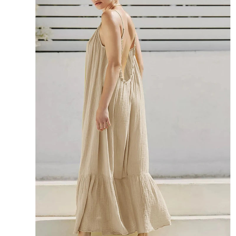 100% Cotton Women Summer Boho Beach Long Dress Sleeveless Spaghetti Strap Maxi Dress Loose Long Dress Vestidos Clothes