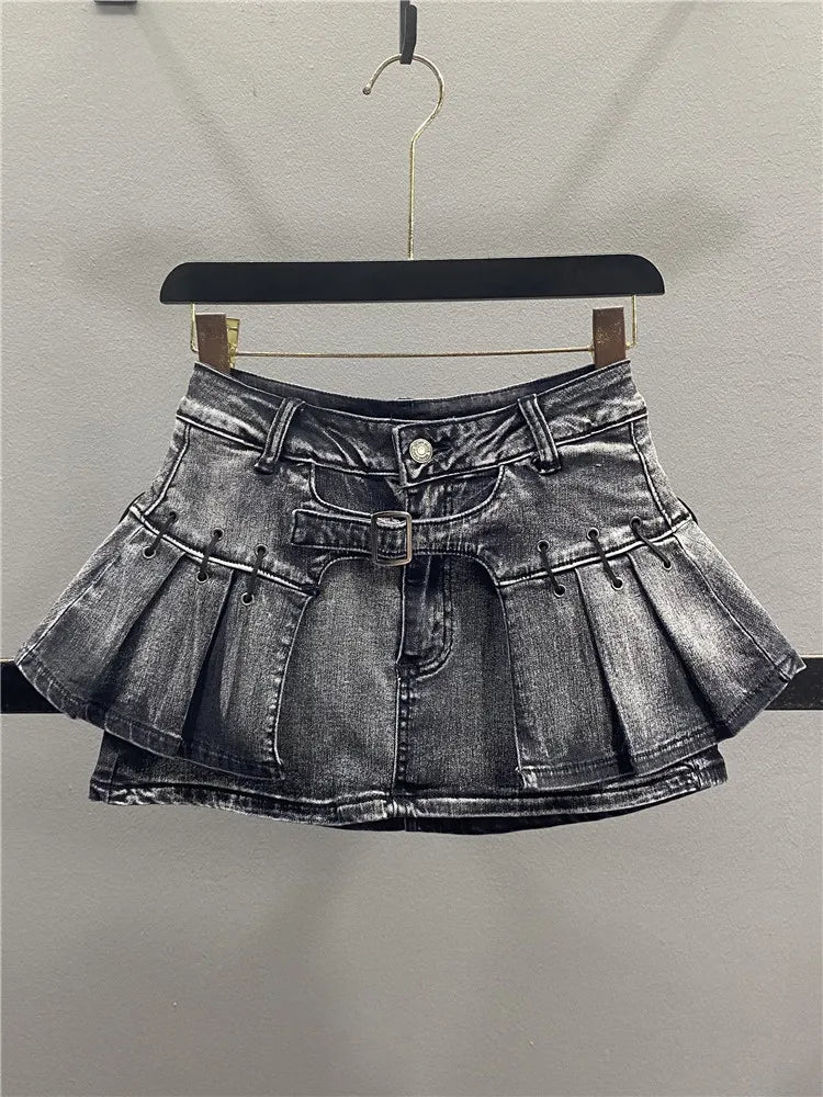 Retro American Denim  Skirt Women's Spring Summer Design Slimming Sexy A-Line Pleated Short Skirt High Waist Cotton Polye...