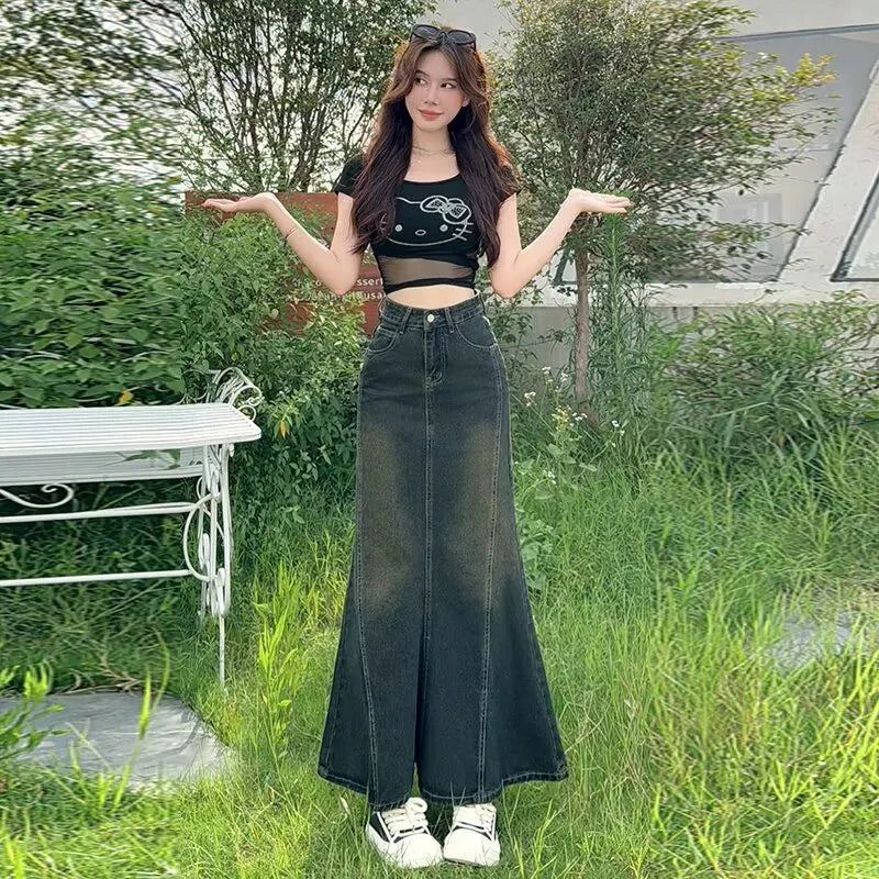 2026 Vintage Denim Spring New High Waist Slimming Mid Length A-line Fish Tail Wrapped Buttocks Skirt for Women