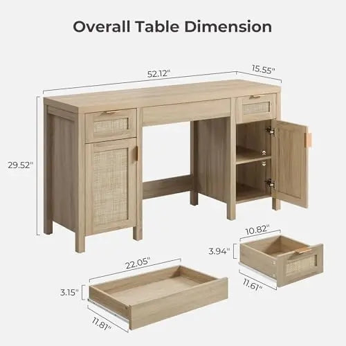 52" Rattan Vanity Desk with 3 Drawers & 2 Cabinets, Vanity Table | Large Boho Farmhouse Makeup Dressing Table, Wooden
