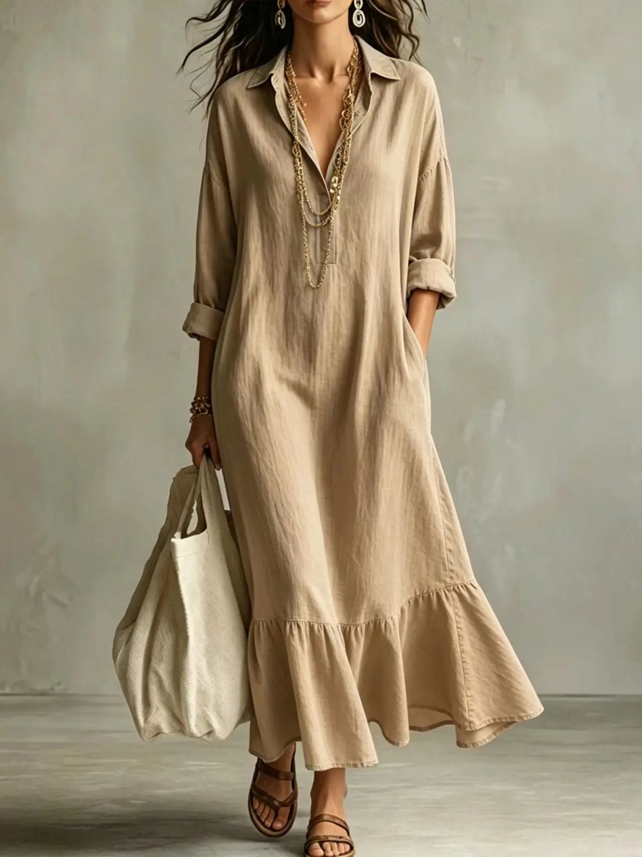 Spring Autumn New Fashion Button Lapel Long Sleeve Shirt Women's Loose Dress Casual Simple Retro Ruffled Swing Dress Female2026