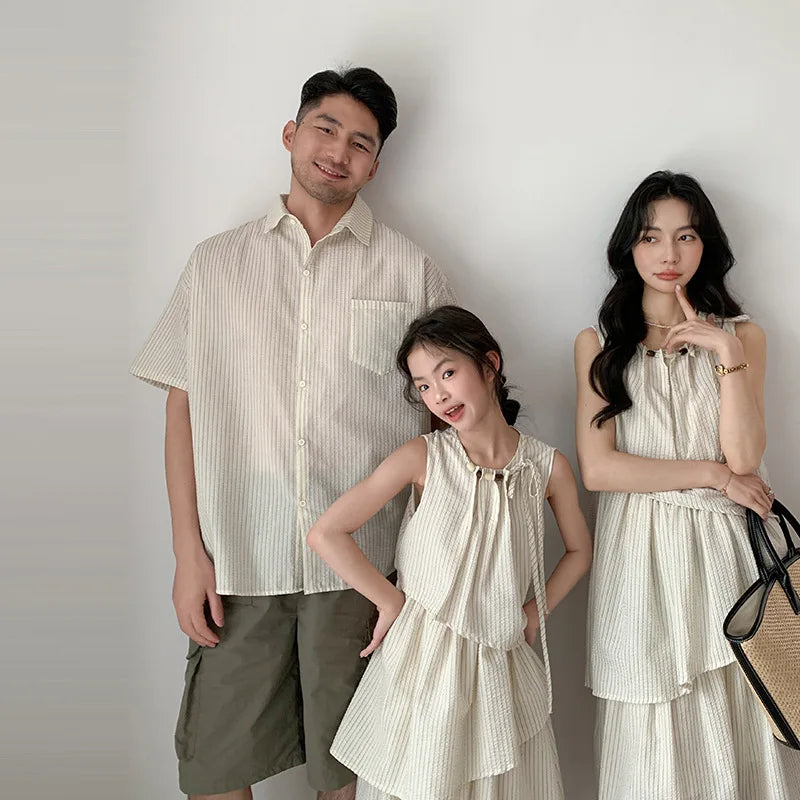 Mommy and Me Clothes Striped Print Family Matching Outfits Holiday Look Button Shirt Ruffles Dress Casual Clothing Set Beachwear