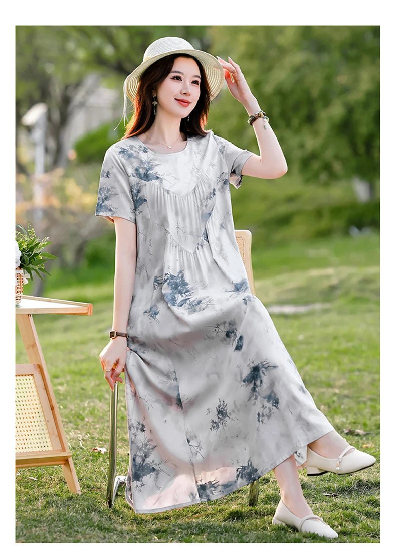 New Print plus size 2026 New Fashion Floral Printed Summer Dress Vestidos Elegant Short Sleeve Slim O-Neck Party Women clothing