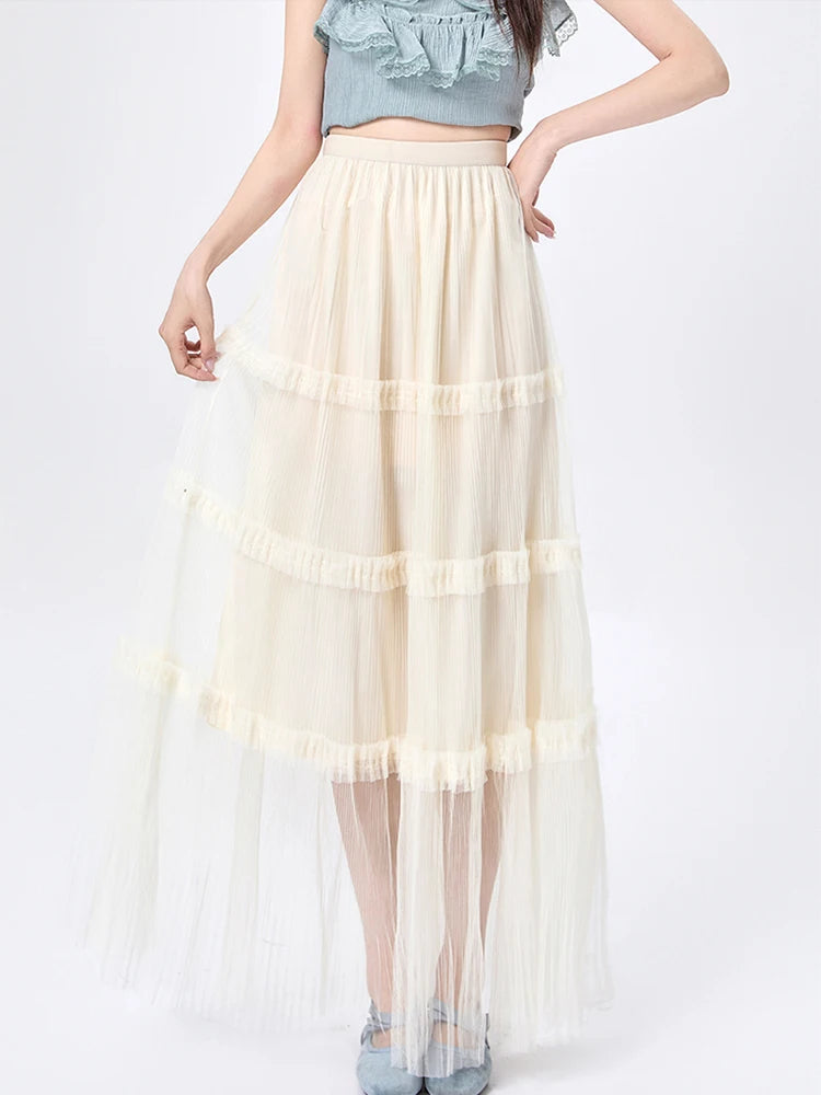 Women's Skirt Spring Summer Tiered Tulle High Waist Ruffle Hem A-Line Pleated Maxi Layered Mesh Cake Skirt Female Faldas SK120