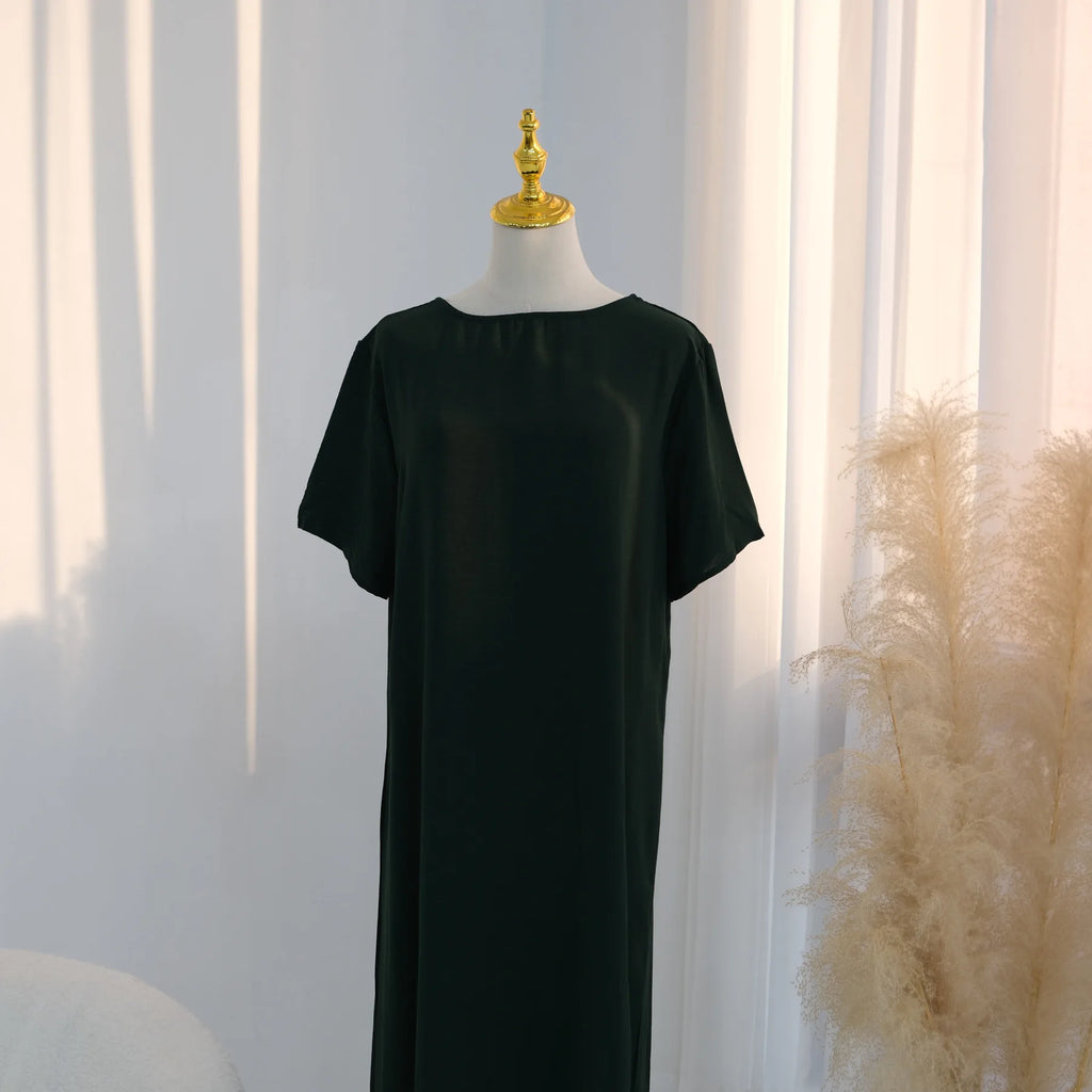 Modest Short Sleeve Women Inner Dress Basic Abaya Muslim Eid Ramadan Round Neck Maxi Loose Casual Long Versatile Fashion Kimono