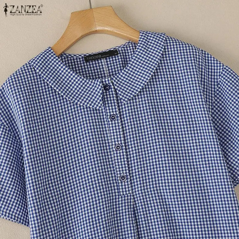ZANZEA Women's Casual Gingham Short Dresses Turn-Down Collar Half-Button Short Sleeve Knee-Length Dress Summer Robes Femme