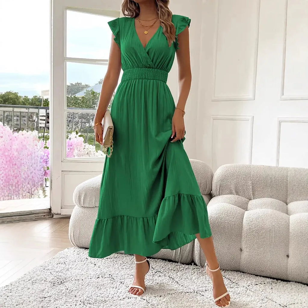 Women's Fashionable Elegant and Casual Long Ruffled Sleeves and Elegant Commuting V-neck Solid Color Pleated Splicing Slim Dress
