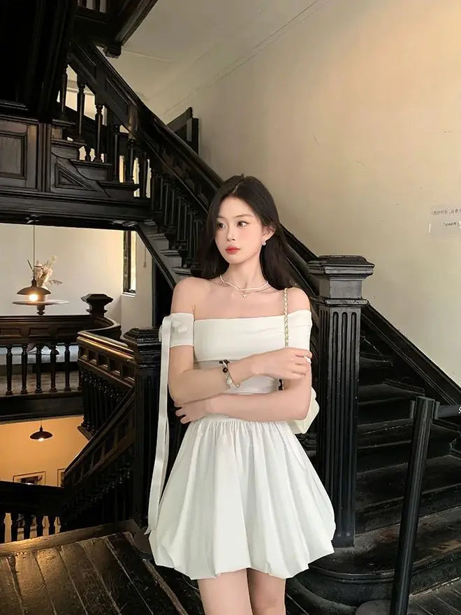 Black Off Shoulder Mini Dress With Bow Decor Ruched Waist Flared Silhouette For Women