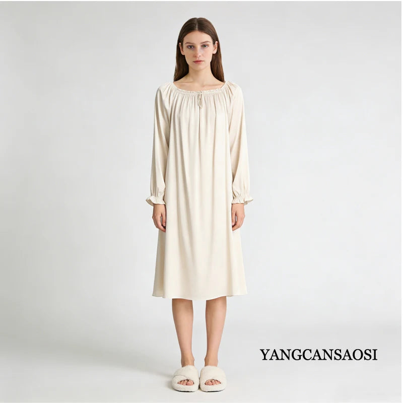 Women's Spring/Summer New 92% Natural Mulberry Silk Elastic Satin Solid Loose Sweet Wind Long Sleeve Home Clothes Nightdress