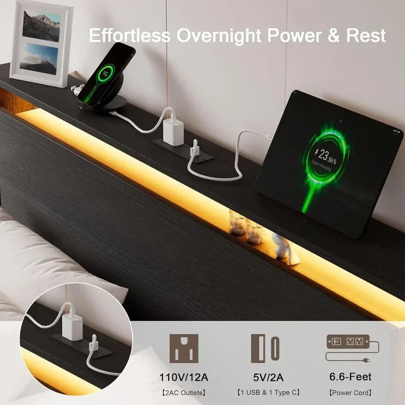Einhomn King Size Bed Frame with LED Lights & Charging Station – Wood Floating Bed Frame with Storage Headboard, Adhesive Slats