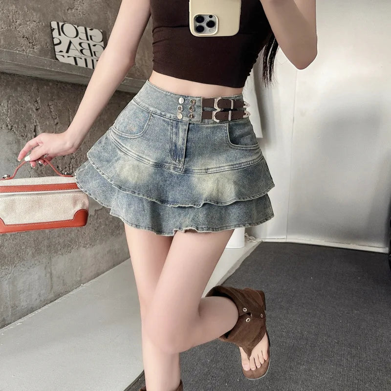 2026 American Pure Desire Spicy Girl Design Elastic Denim Skirt Half-length Pleated Cake Skirt Short Commute High Elasticity