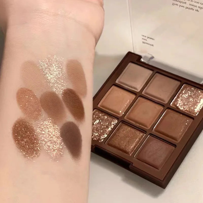 9 Colors Glitter Eyeshadow Palette Chocolate Brown Shimmer Matte Acrylic Eye Shadows Palette Waterproof Korean Makeup Cosmetics