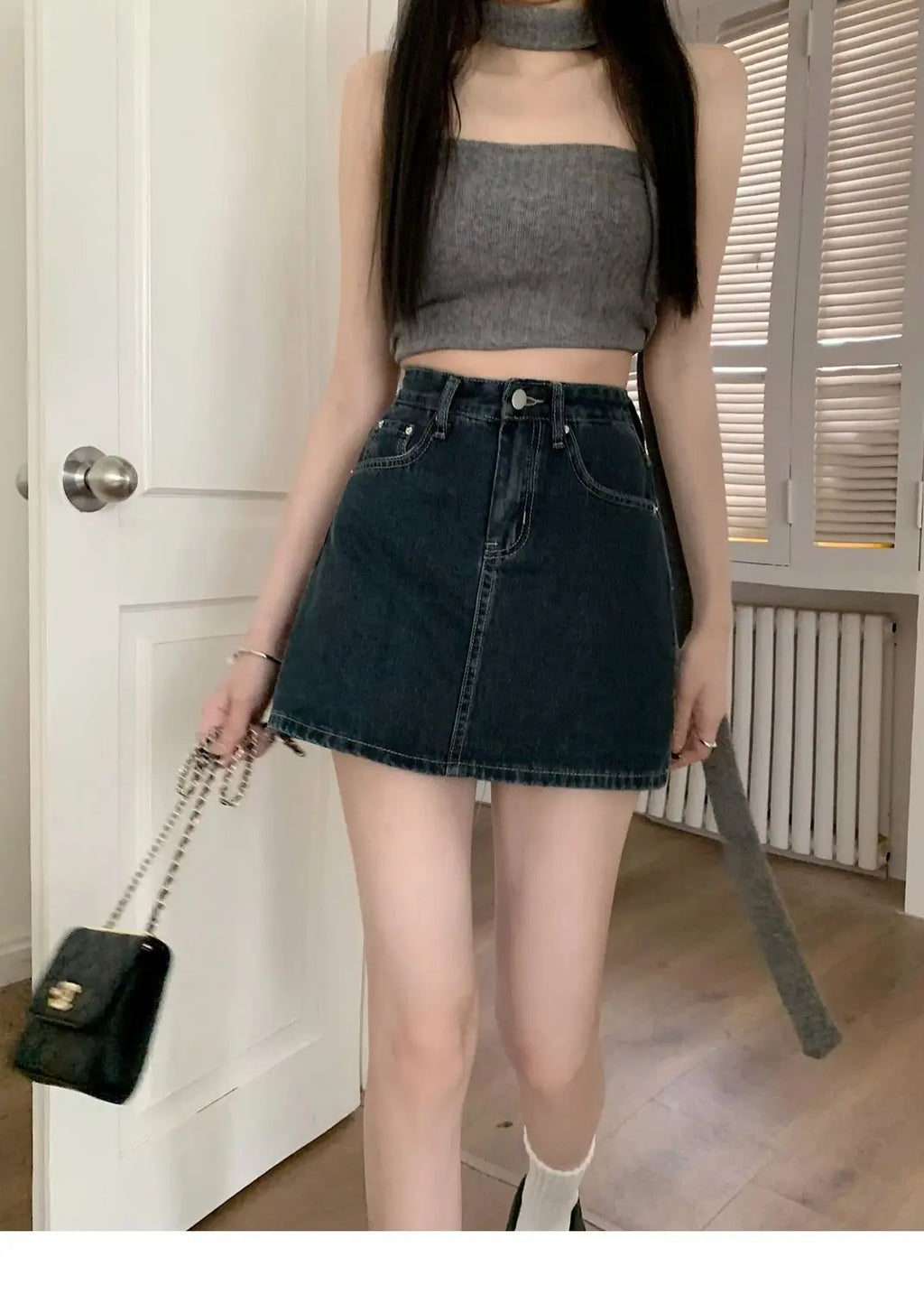 Women's Y2K High-Waist Mini Skirt Deep Blue Denim Spring Summer Slimming Flattering Wrap Around Skirt for Full Coverage