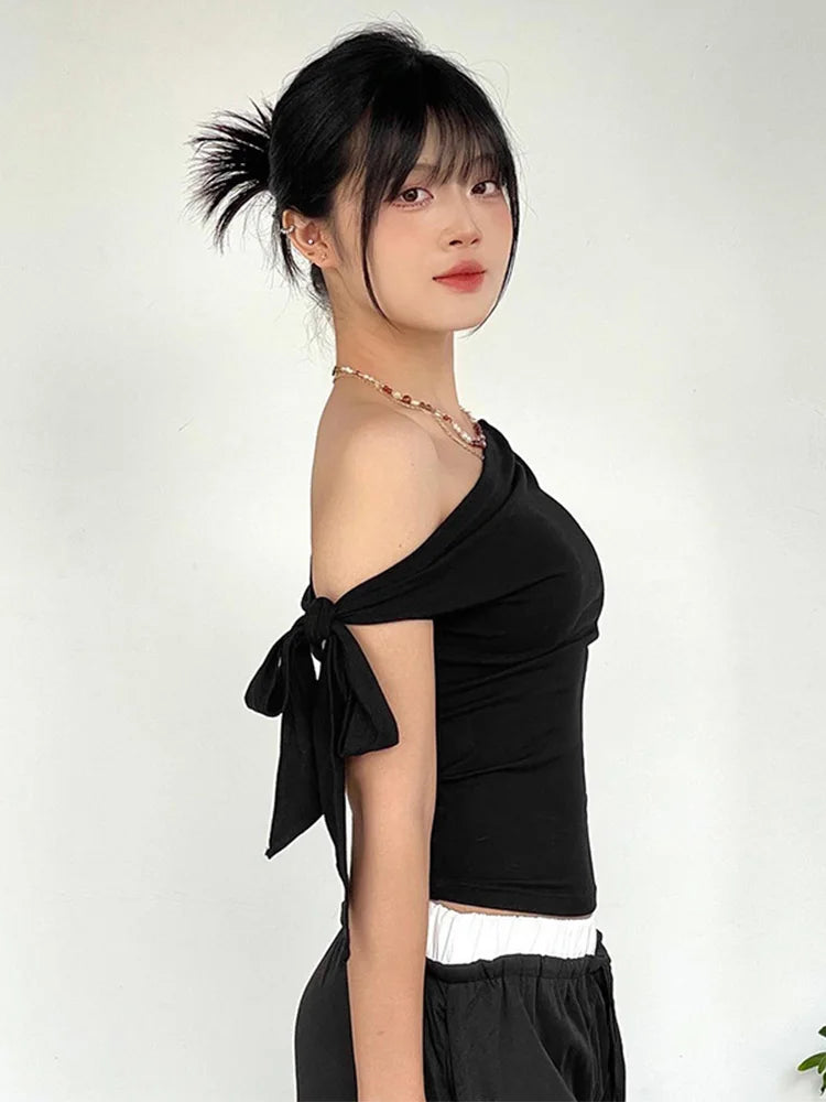Women's Summer One-Shoulder Crop Top Asymmetric Pleated Design Backless Twist Tie Casual T-Shirt for 2025 Fashion Ins Style