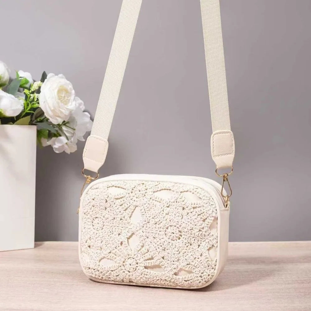New Bohemian Style Hollow Square Bag PU Leather Ajustable Strap Crossbody Bag Zipper Clousure Boho Beach Bag Vacation Outfits