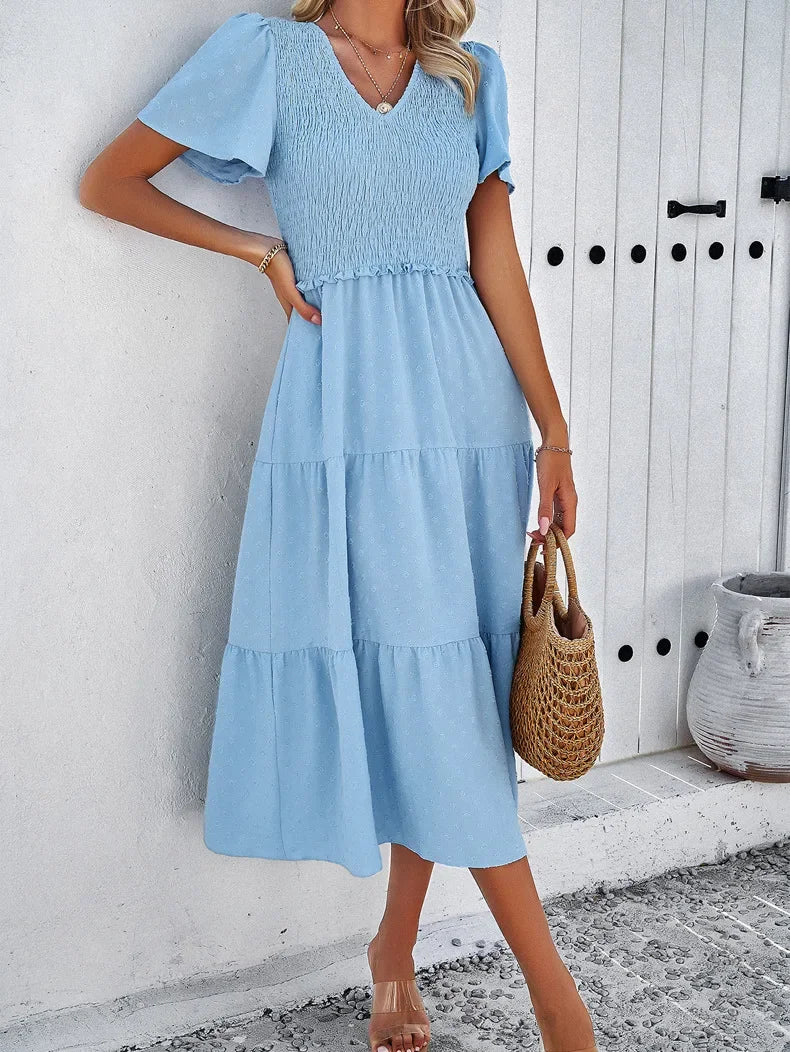 Summer Women's Casual Polka Dot Long Dress Vacation Boho Short Sleeve Solid V-neck Beach Sundress Elastic Waist Midi Dresses
