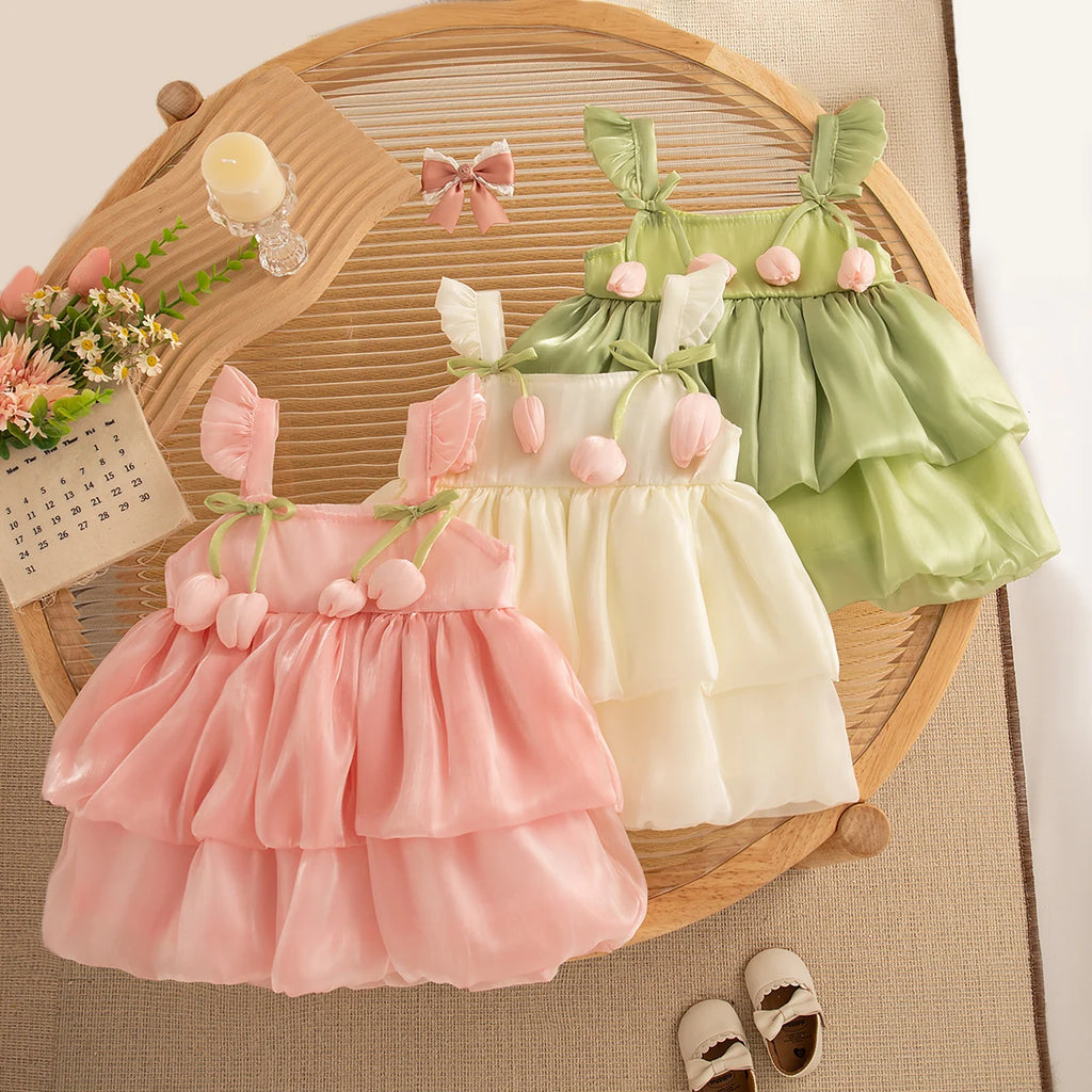 Girls Dresses Summer Mesh Multi-Layer Tulip Baby Girl Dresses Cute Little Fly Sleeve Girls Princess Dresses Baby Girl Clothes