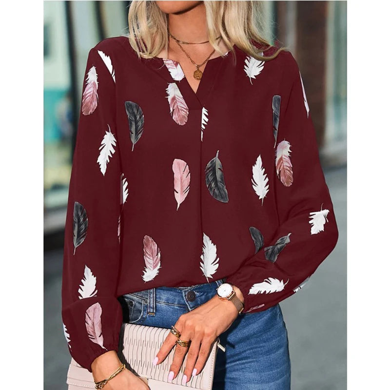 Fashion Woman Blouse Shirts For Women'S Stylish Top Long Sleeve Feather Pattern Female Tops Elegant Chiffon Mujer Woman Clothes