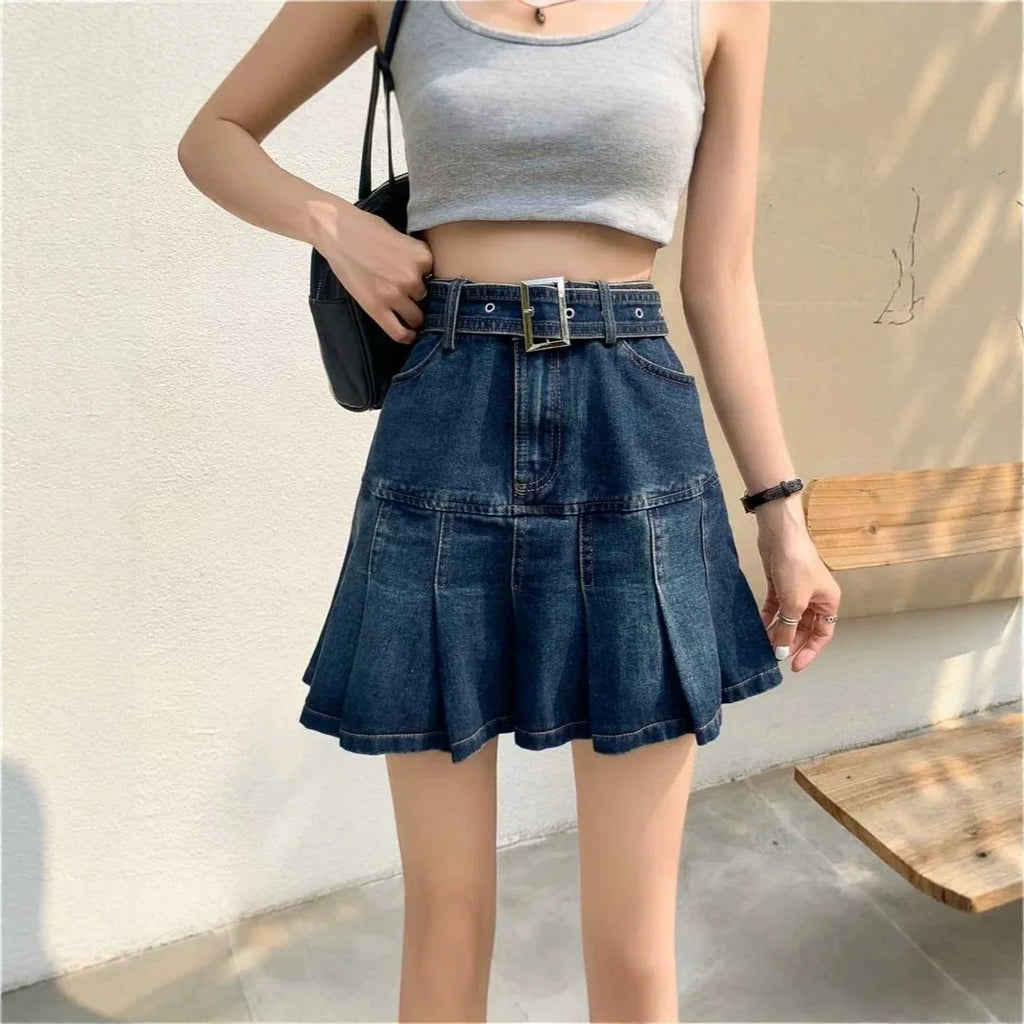 Spicy Girl Denim Half Skirt Women's Summer 2026 INS New Korean Retro High Waist Slim A-Line Pleated Short Skirt Trendy