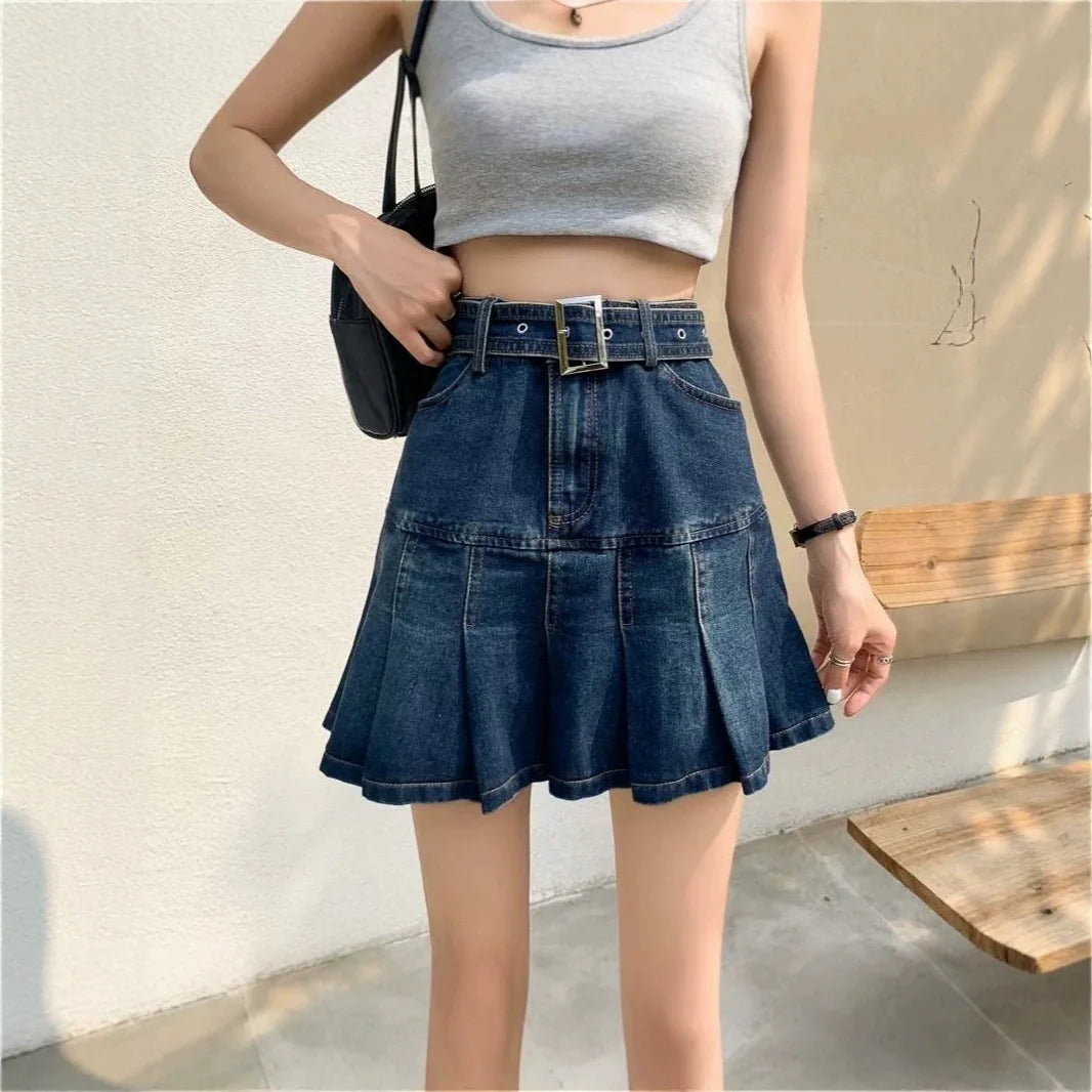 Spicy Girl Denim Half Skirt Women's Summer 2026 INS New Korean Retro High Waist Slim A-Line Pleated Short Skirt Trendy