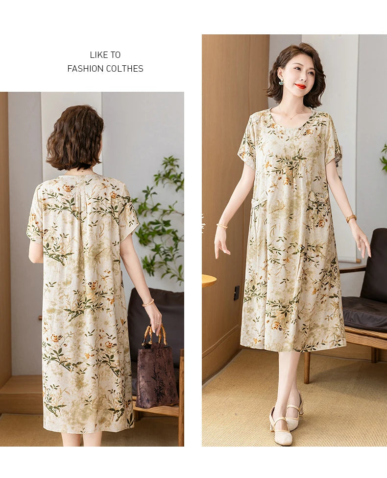 New 2025 Summer Dress Long Vintage Loose Women Elegant Sundress Dress Casual O-neck Dresses Print Plus Size
