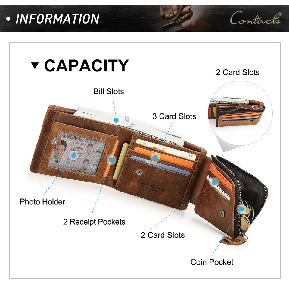 Contact’S Men’s Trifold Wallet - Genuine Crazy Horse Cowhide Leather
