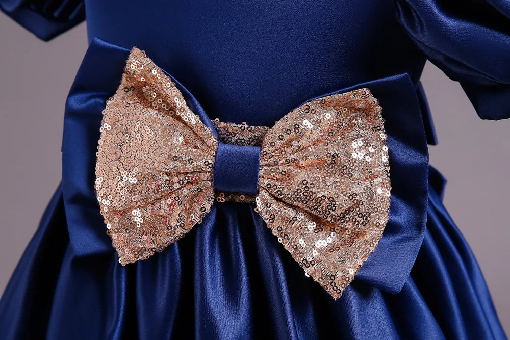Golden Bow Satin Girls Dress For Weddings Party Children's Pageant Ball Gown Kids Formal Evening Clothing 2-8 10 Years
