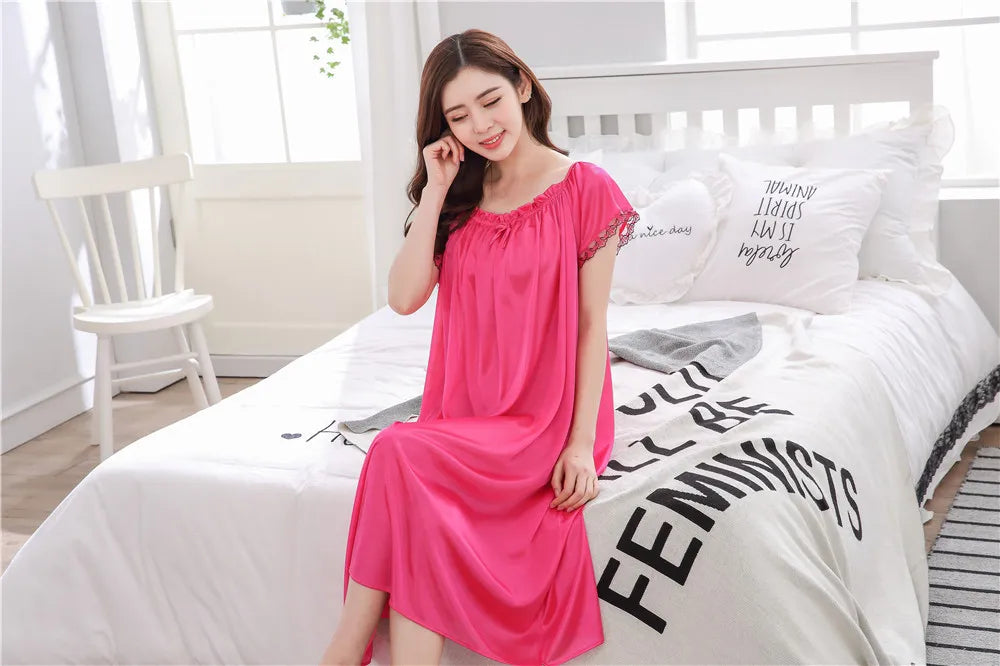 2026 New Women's Summer Imitation Silk Sleeping Skirt Multi Colored Short Sleeved Home Clothes Ice Silk Pajama Dress