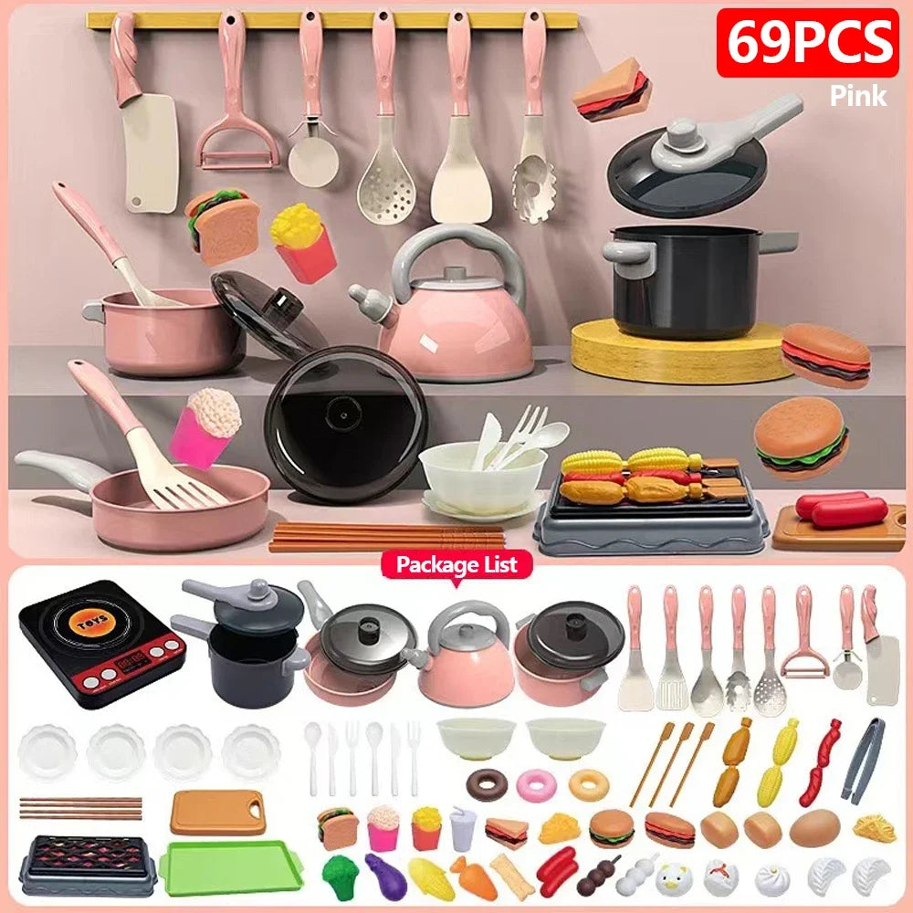 Juego de juguetes de cocina para niños de 92/69/59 piezas, kit de accesorios de cocina de juego con ollas de juego, comida de juguete de simulación, regalo para niñas y niños pequeños