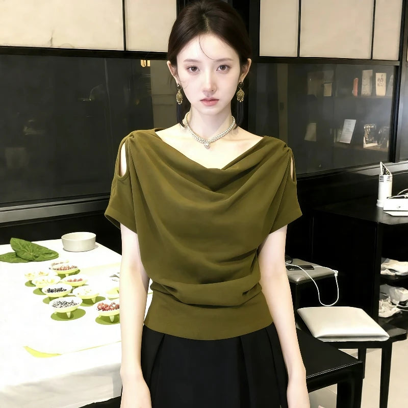Unique Beautiful Shoulder-baring Short Sleeve T-shirt Women's Summer 2026 New plus Size Loose Fit Korean Style Creative Pattern