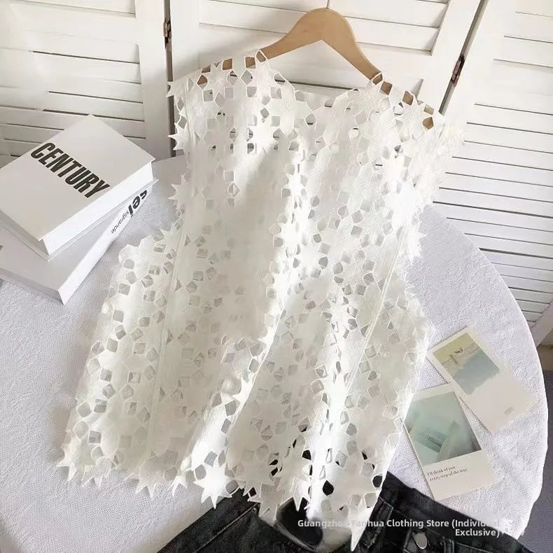 French Elegant Sleeveless Lace Hollow out Top Women's Summer New Design Asymmetrical Outerwear Vest Cover up Polyester Fabric