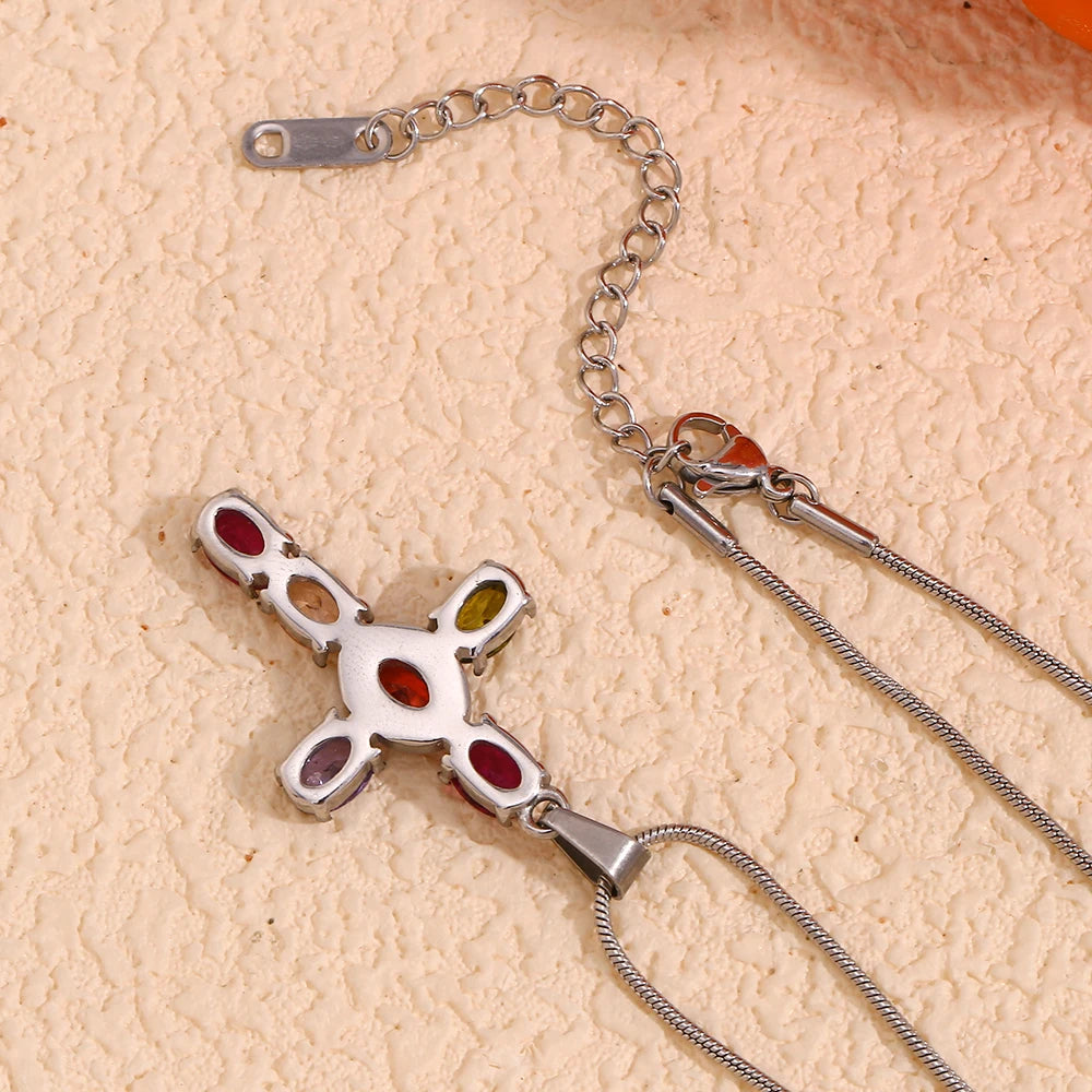 E.B.belle Colorful Rhinestone Cross Pendant Necklace Snake Chain Waterproof Stainless Steel Fashion Jewelry For Women Girls