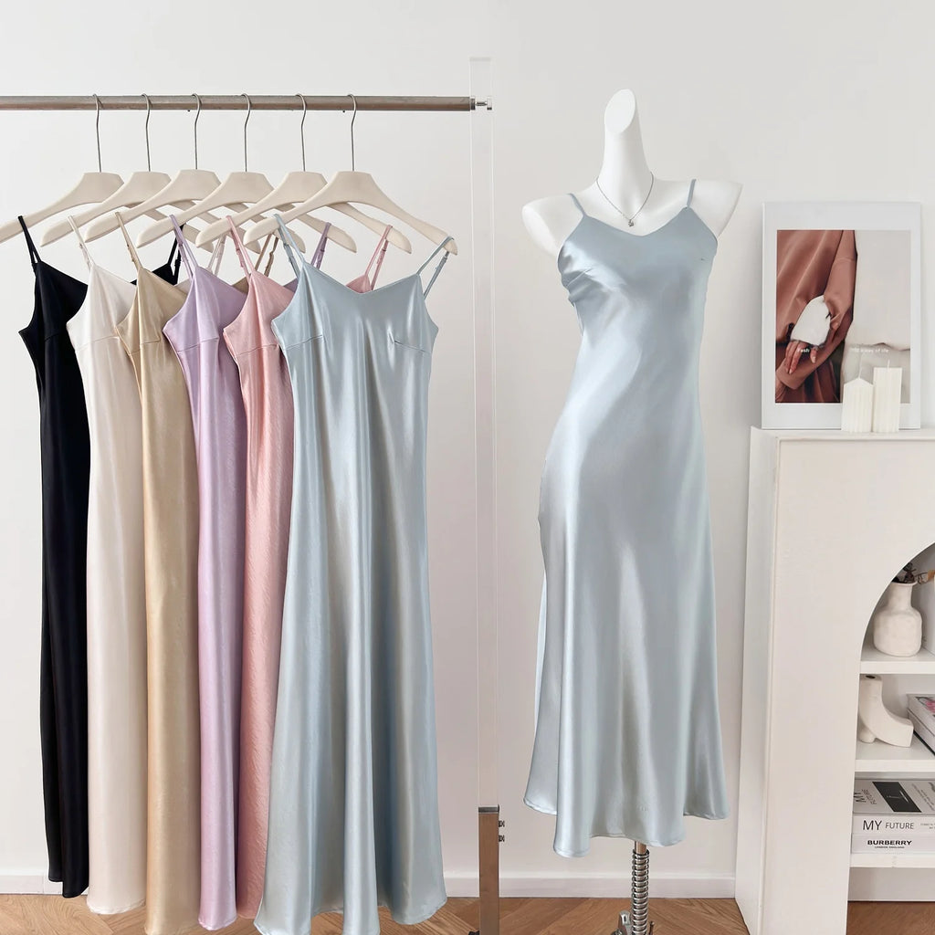 Elegant Chinese Style Satin V-Neck Sleeveless Women's Dress Slimming Waist Design Summer City Walk Long Skirt Inner Wear