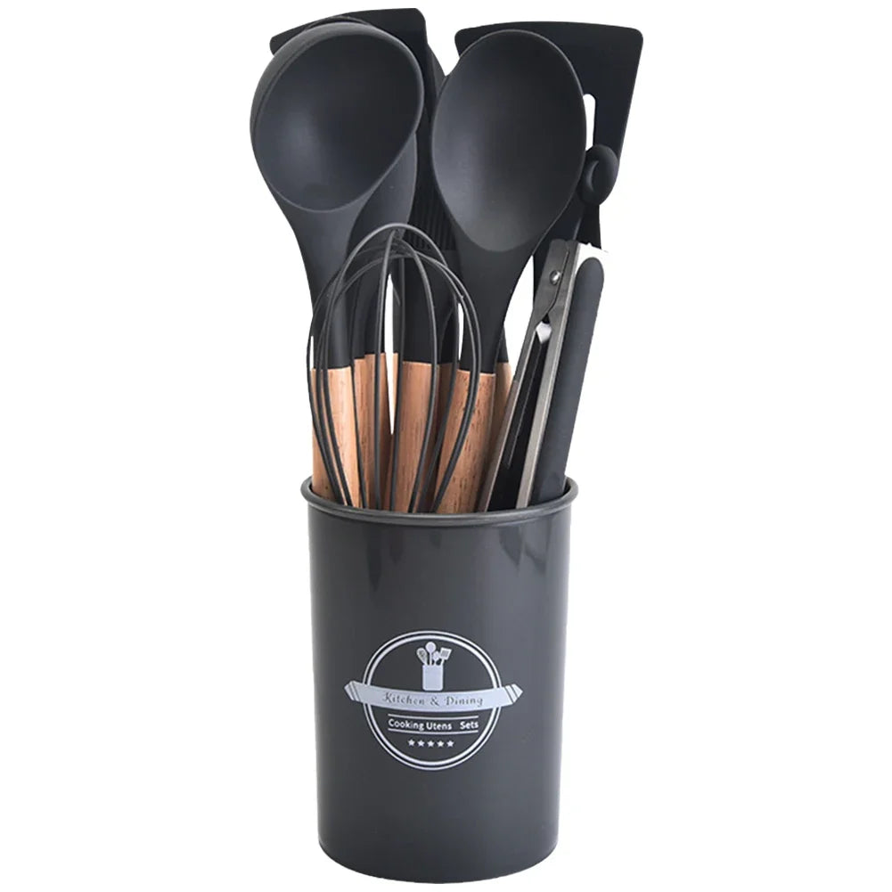 12Pcs Kitchen Utensil Set Silicone Spatula Set Wooden Handle Cooking Tools Kit with Holder Heat-Resistant Cookware for Kitchen
