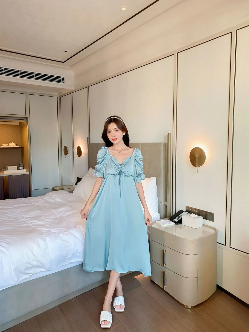 Satin Long Nightgown Women Sweet Lovely French Sleepwear Retro Silk Short Sleeve Sleepshirt Ladies Fashion Nightdress Home Dress