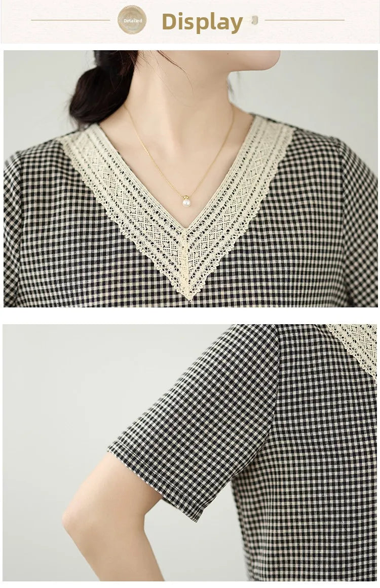 Retro Fashion Casual Plaid Dress Women Summer New V-neck Lace Splicing Loose Slimming Skirt over Knee Cotton Polyester Blend
