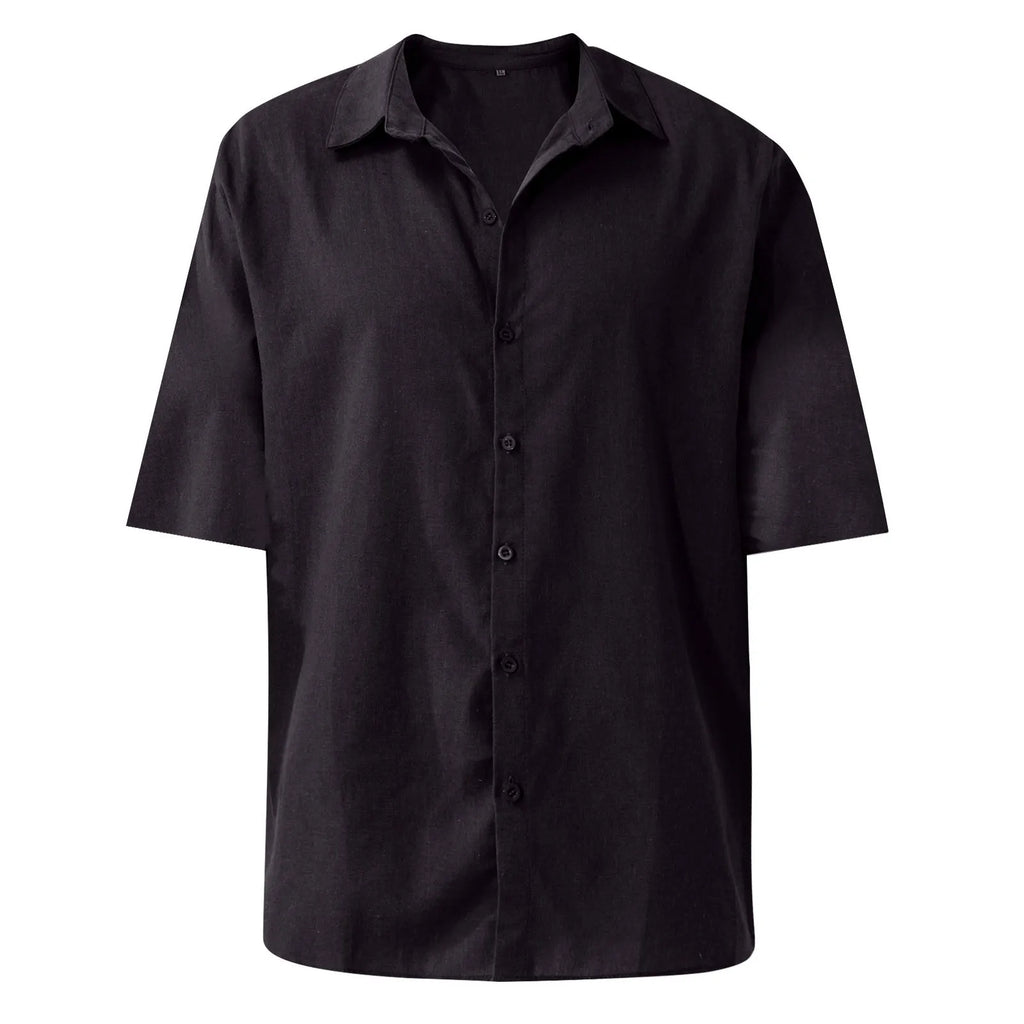 Men'S Short-Sleeved Shirts Cotton Linen Summer Solid Color Turn-Down Collar Quick Drying Casual Beach Style Plus Size Shirts