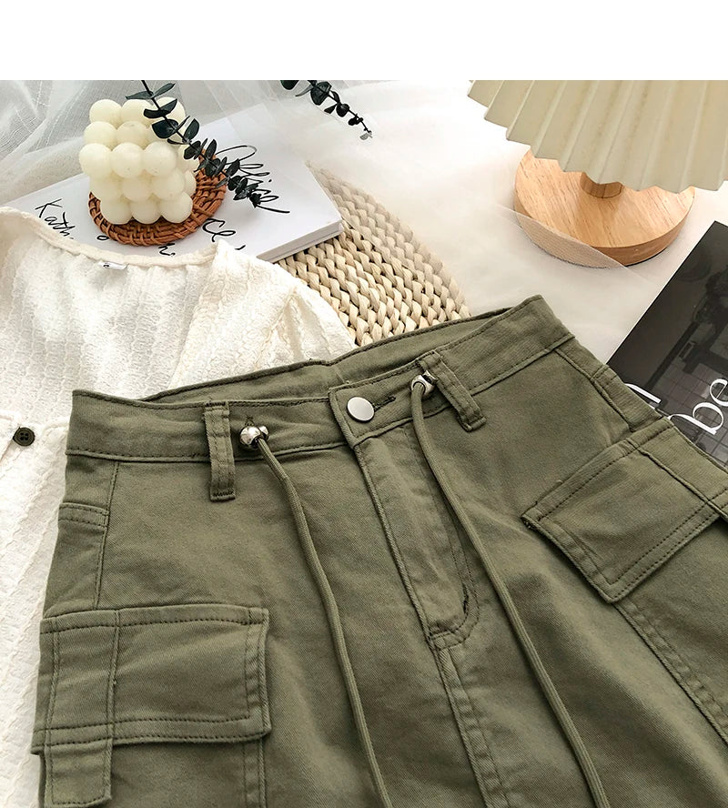 Retro High Waist Denim  Skirt Women's Spring Summer Autumn Casual Drawstring Anti-Light Short Skirt Polyester Fiber