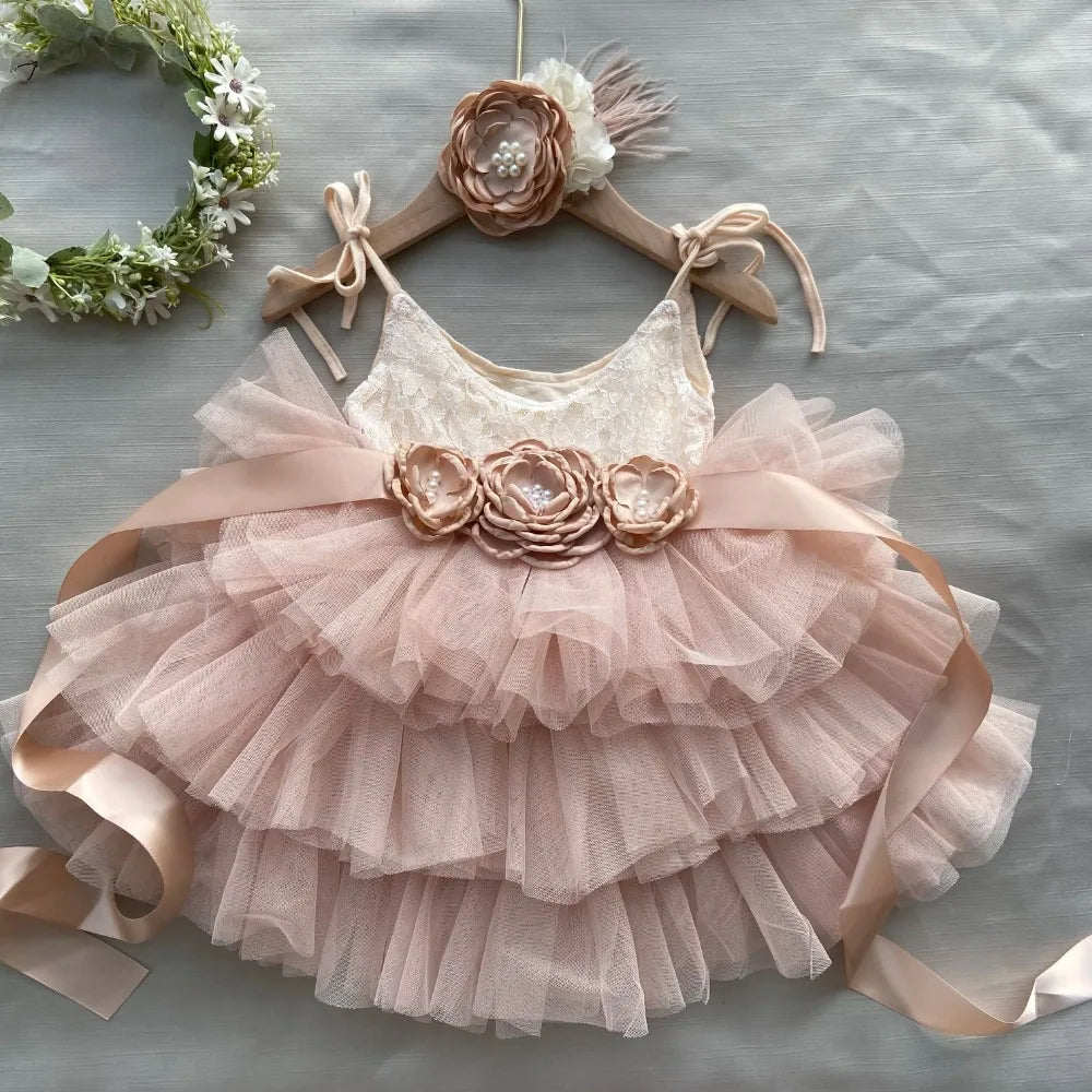 New Born Baby Girls Birthday Dress for Kids Flowers Girls Party Tutus Costume Belt Headband 3pcs Outfit Set Princess Vestidos