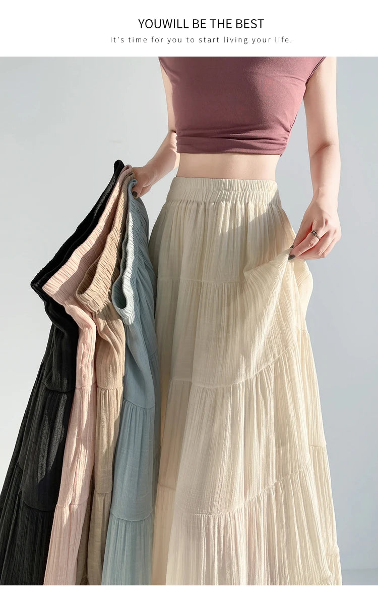 linen patchwork skirt for women in summer, high waist, medium length cake skirt, elegant umbrella skirt, slimming long skirt