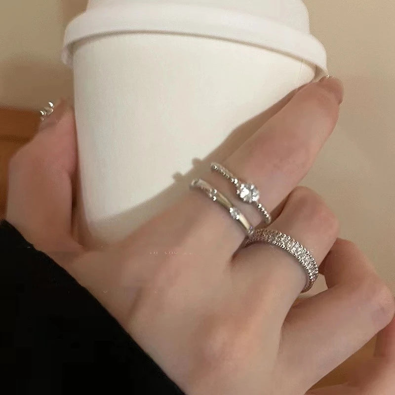 Vintage Silver Ring Set Crystal Round 3Pcs Y2K Aesthetic Jewelry For Women And Girls Trend