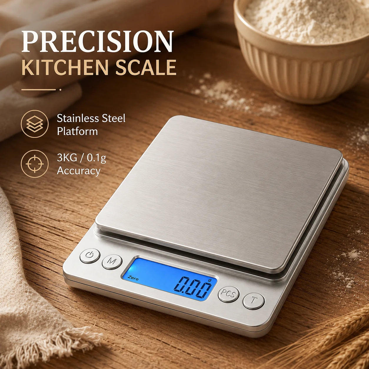 Báscula de cocina digital de acero inoxidable con pantalla LCD para pesar con precisión ingredientes de cocina y dietas