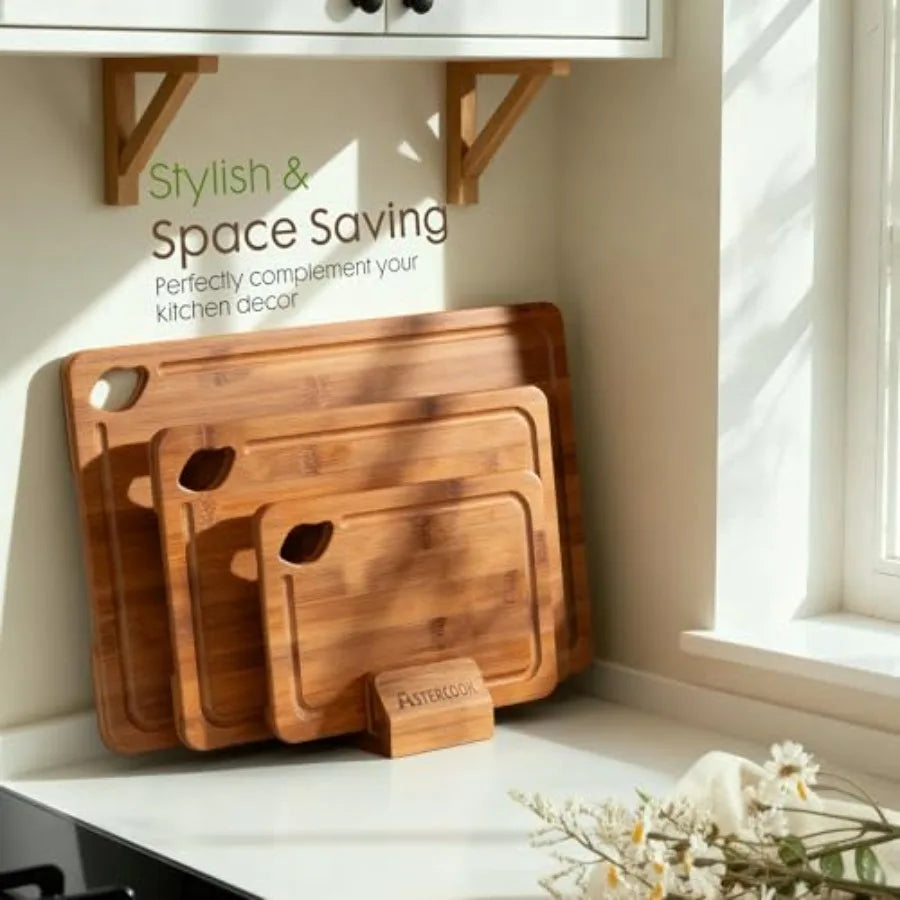 Bamboo Cutting Boards for Kitchen with Wood Storage Stand, Reversible Charcuterie and Chopping Boards with Juice Grooves and Ea