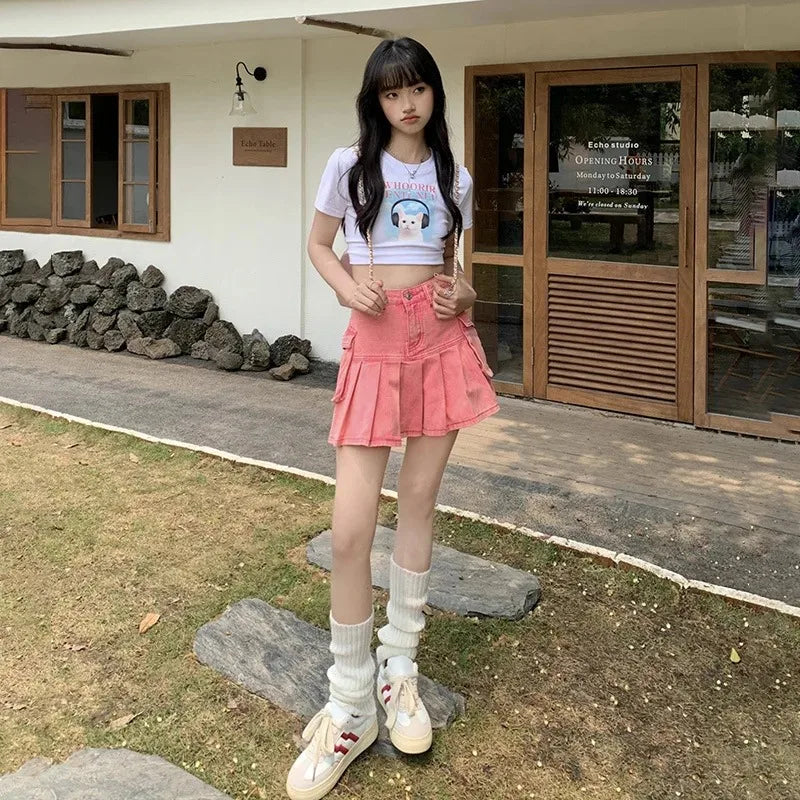 Harajuku Kawaii Plaid Mini Skirt pink Women Lolita Cosplay High Waist Heart Cute Pink A Line Pleated Tennis Short Skirts e girl